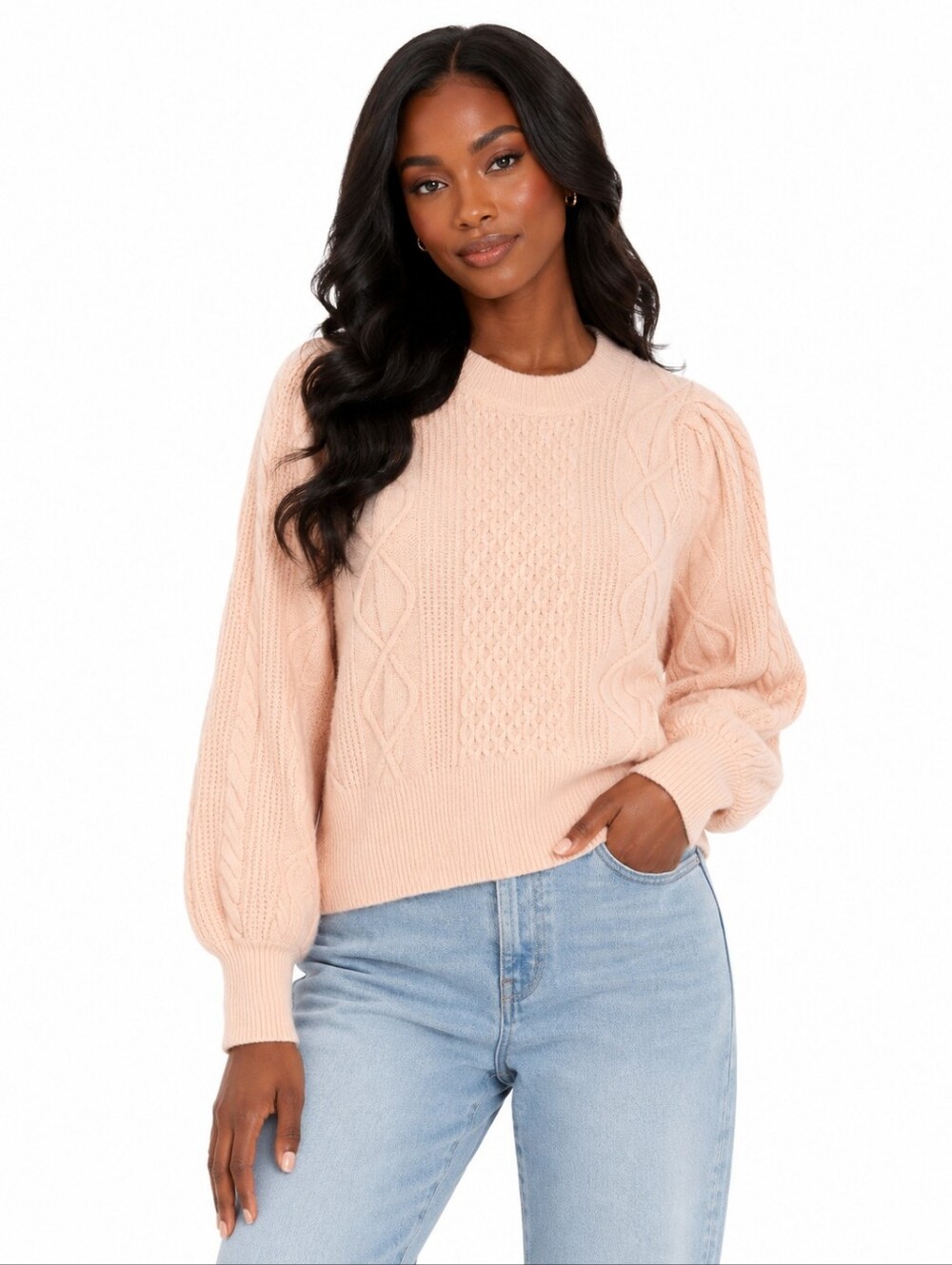 Cable Knit Blush Pink Puff Sleeve Sweater | Cottagecore Quiet Luxury